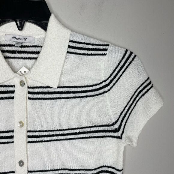 MADEWELL Sweater Women XS Polo Knit Tee NEW Ivory Stripe Short Sleeve NQ341 - Picture 2 of 14